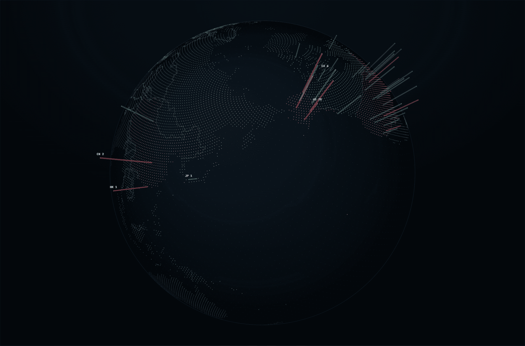 The Elquo News Terminal's world pulse globe: a dot-field Earth showing real continental geography, with coloured pillars rising from the United States, Canada, China, Japan and Hong Kong, each one's height and colour set by how much market-moving news that country contributed.